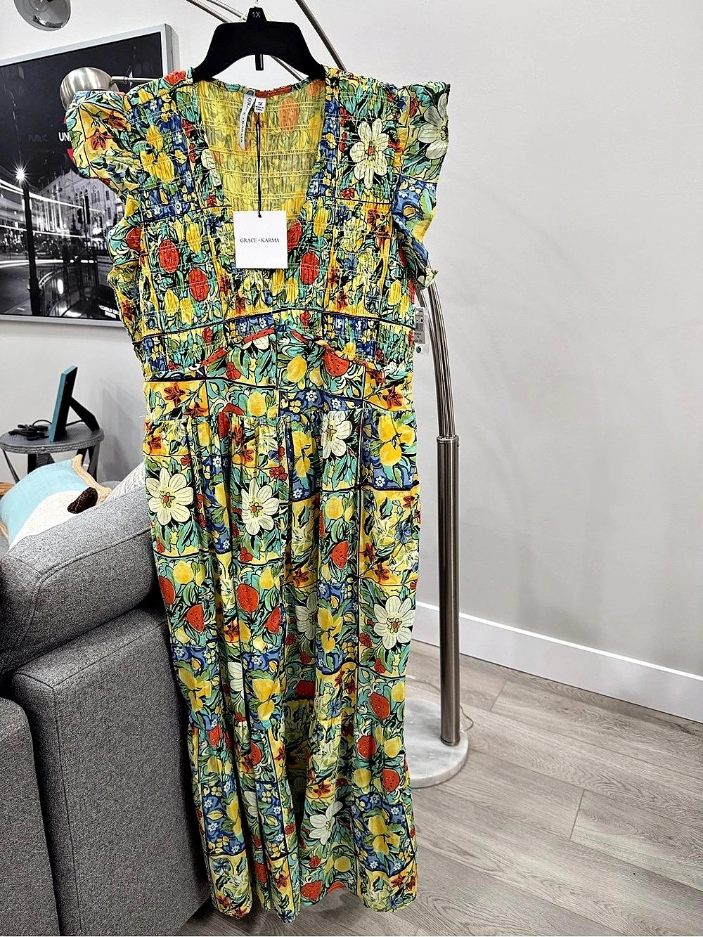 Grace + Karma Floral Maxi Dress in Blue & Yellow Size 1X  NWT